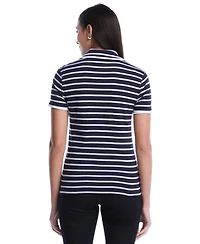 Rafaella Women's Petite Striped Contrast Trim Johnny Collar Short Sleeve Polo Shirt