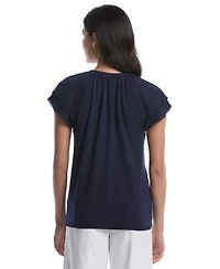 Rafaella Women's Petite Eyelet Flutter Sleeve Split Neck Short Top