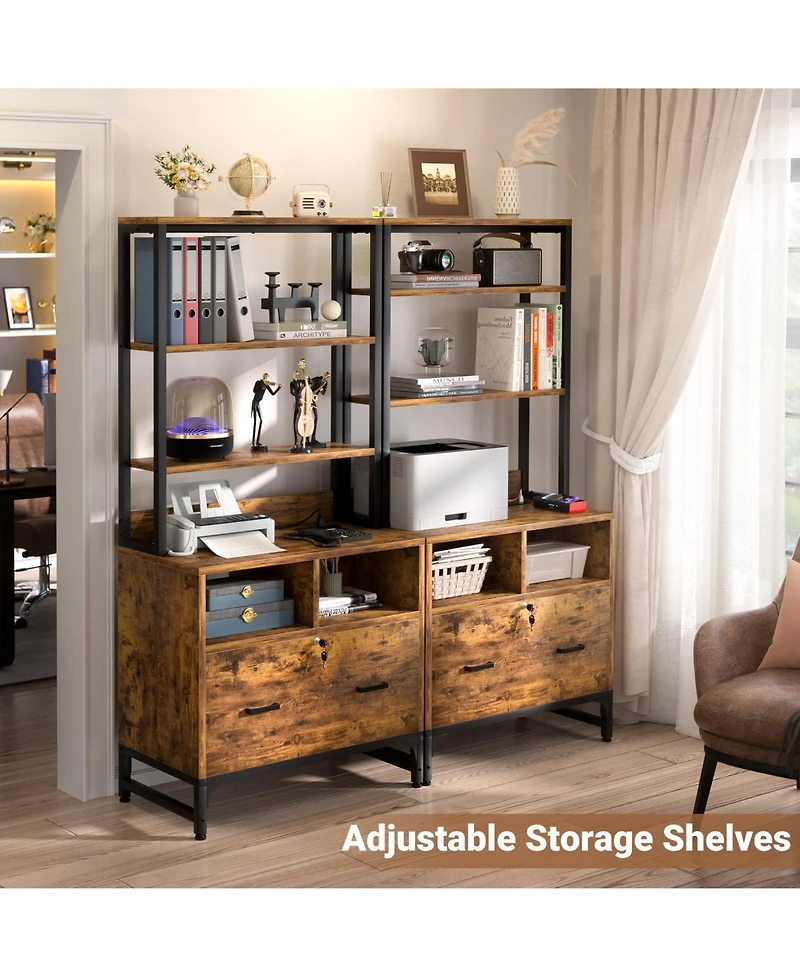 Aheaplus Storage File Cabinet with Hutch, Charging Station, Lock Drawers