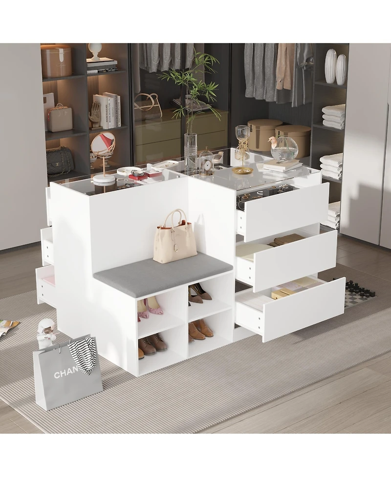 Homsee Modern White Storage Cabinet with Grey Cushion - Tempered Glass Living Room Organizer