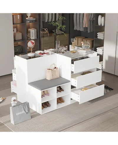 Homsee Modern White Storage Cabinet with Grey Cushion - Tempered Glass Living Room Organizer