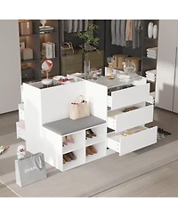 Homsee Modern White Storage Cabinet with Grey Cushion - Tempered Glass Living Room Organizer
