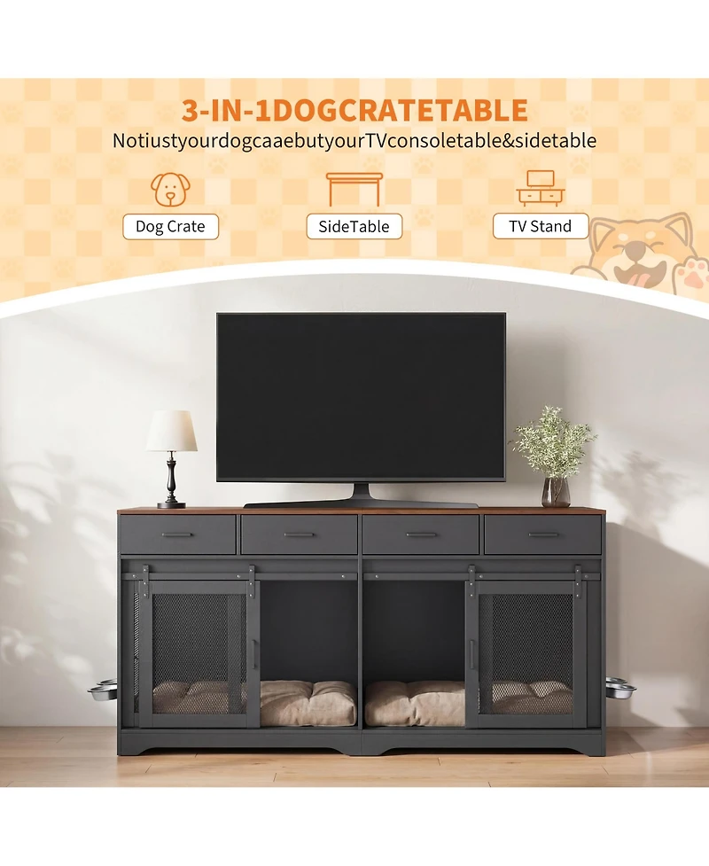 gaomon Dog Crate Furniture, Kennel Indoor with 4 Sliding Doors and Drawers, Multi-Functional for Medium Large Dogs Living Room