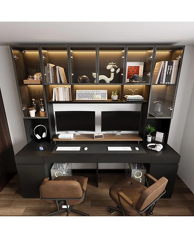 Homsee Giant 90.6 Inch 8-Door 4-Drawer Desk ,Aluminum Frame Glass Cabinet, 3-Color Led Lighting, Home Office Conference Table