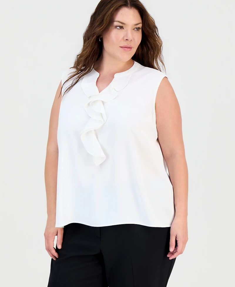 Kasper Plus Ruffle Split-Neck Sleeveless Top