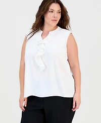 Kasper Plus Ruffle Split-Neck Sleeveless Top