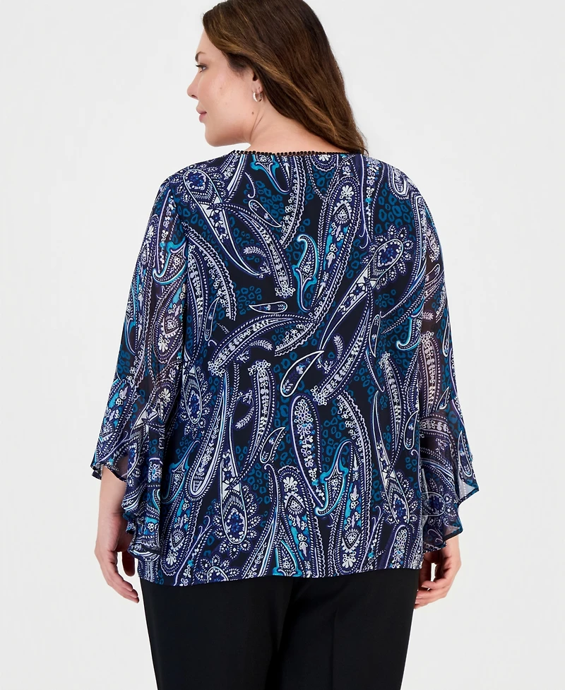 Kasper Plus V-Neck Ruffle-Sleeve Blouse