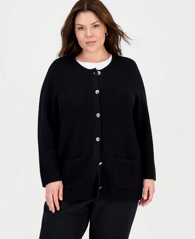 Kasper Plus Textured Patch-Pocket Crewneck Cardigan