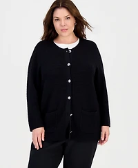 Kasper Plus Textured Patch-Pocket Crewneck Cardigan