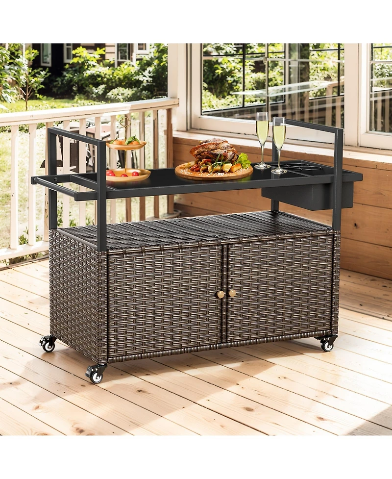 Pocassy Patio Bar Table,Outdoor Kitchen Island with Glass Top,Rattan Storage Cabinet Wheels,Bar Cart for Poolside and Backyard