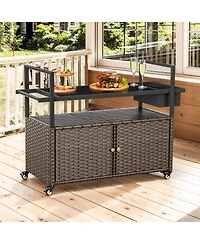 Pocassy Patio Bar Table,Outdoor Kitchen Island with Glass Top,Rattan Storage Cabinet Wheels,Bar Cart for Poolside and Backyard