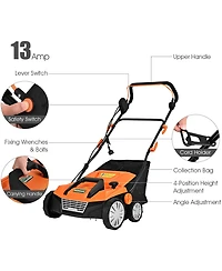 Costway 13Amp Corded Scarifier Width 15inch Electric Lawn Dethatcher w/50L Collection Bag