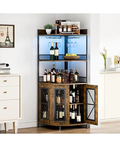 gaomon 64" Tall Wood Corner Bar Cabinet with Power Outlet, Led Lighting, and Glass Holder