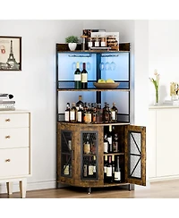 gaomon 64" Tall Wood Corner Bar Cabinet with Power Outlet, Led Lighting, and Glass Holder