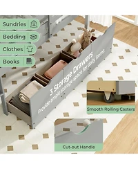 Gouun Low Loft Bed with 3 Storage Drawers, Integrated Ladder and Guardrails