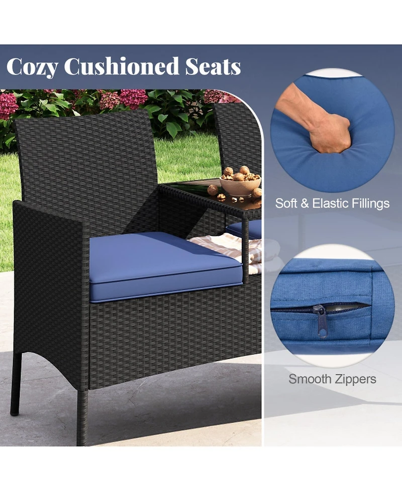 Sugift Outdoor Rattan Patio Loveseat with Built-in Tempered Glass Table