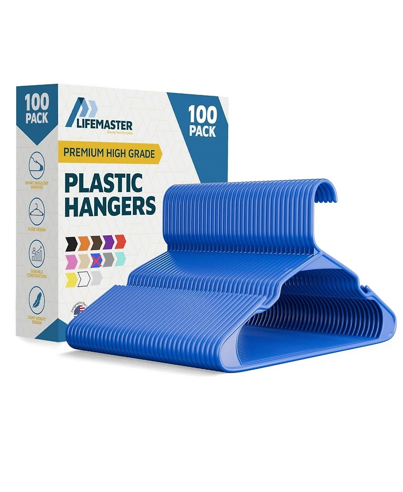 Lifemaster heavy-duty plastic hangers with non-slip grooves, space-saving design