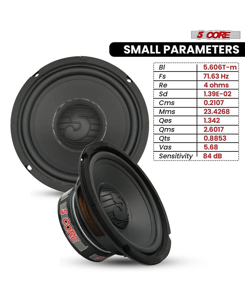 5 Core 6.5 Inch Woofer Pair 100W Car Subwoofer 4Ohm Replacement Deep Sub w Poly Cone