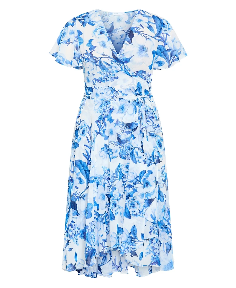 City Chic Women's Short Sleeve Bluebell Print Wrap Midi Dress