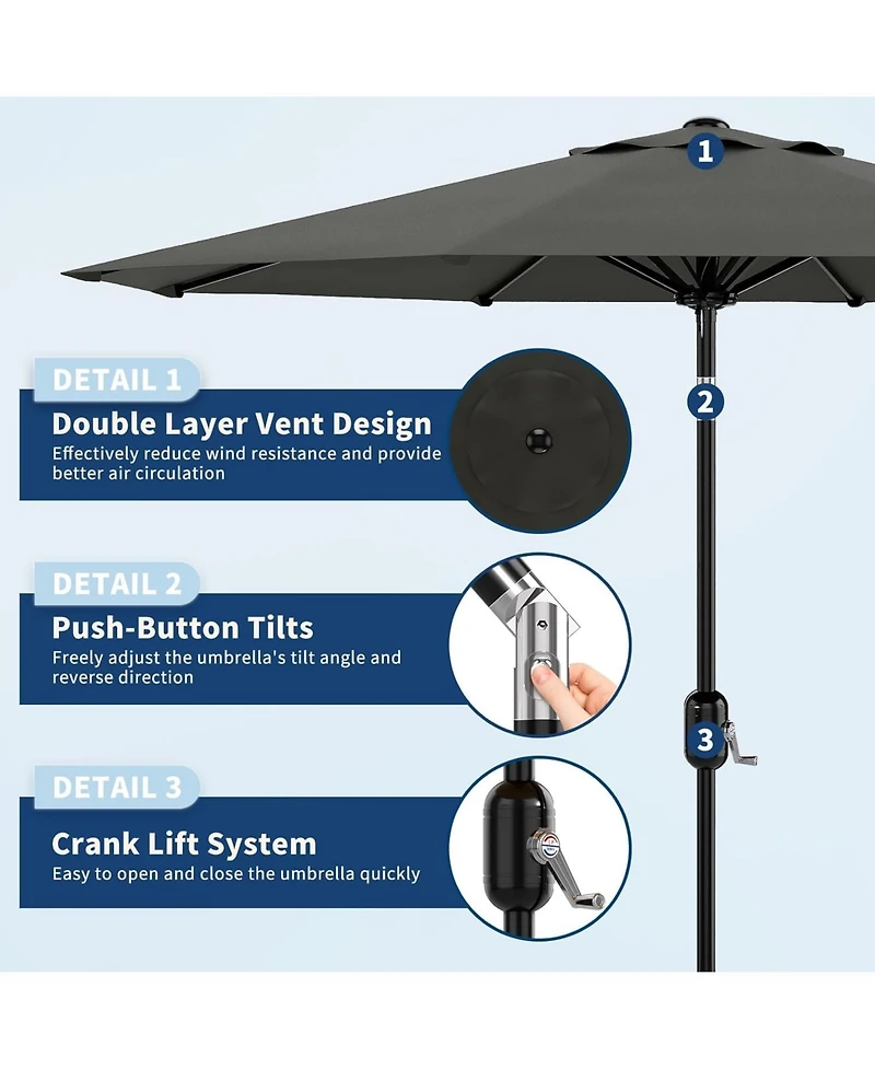 Xo 9 Ft Patio Umbrella with Tilt and Crank, Outdoor Market Table Umbrella with 8 Sturdy Ribs, Uv Resistant Deck Umbrella