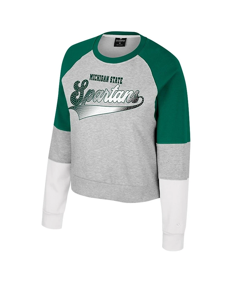 Colosseum Big Girls Heather Gray Michigan State Spartans Katinka Rhinestone Pullover Sweatshirt
