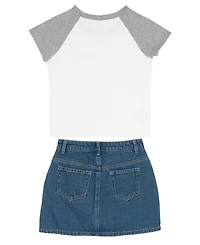 Tween Diva Girls' 7-16 Graphic Raglan T-Shirt and Embroidered Denim Skort, 2-Piece Set