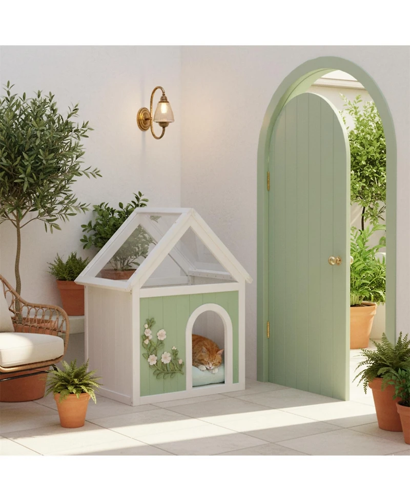 Aostirmotor Dog House with Floral Carvings Fsc Cedar Indoor Shelter