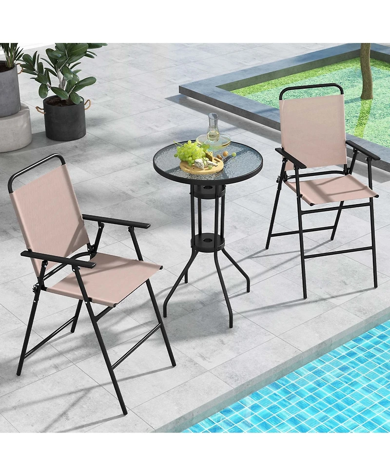 Costwayv 3PCS Patio Bistro Set Folding Chairs Round Bar Table with 1.6'' Umbrella Hole Yard