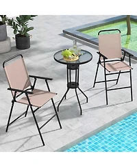 Costwayv 3PCS Patio Bistro Set Folding Chairs Round Bar Table with 1.6'' Umbrella Hole Yard