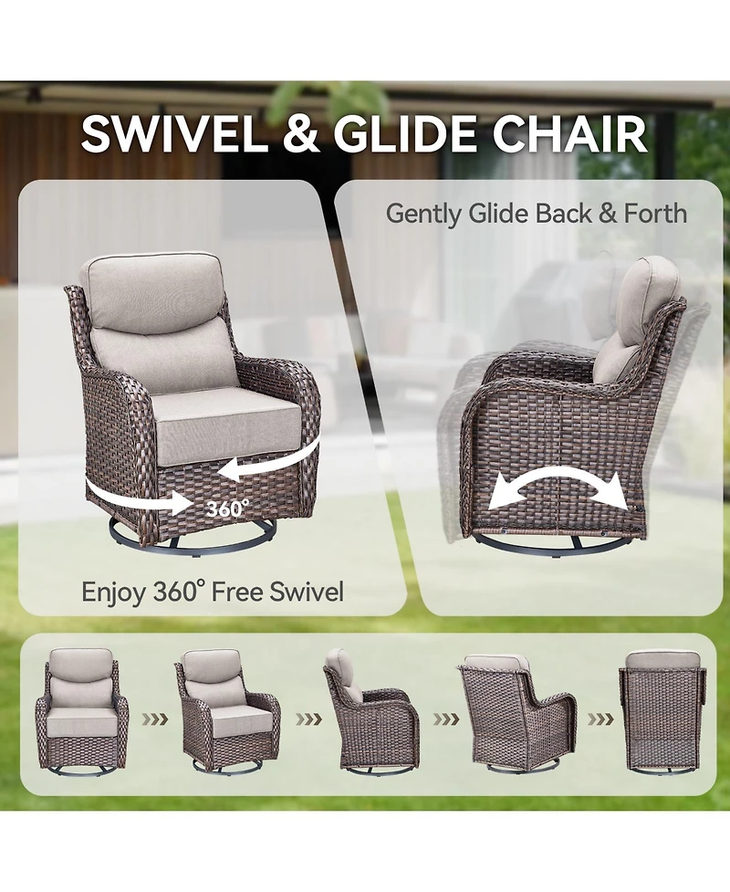 Pocassy Outdoor Swivel Chair Thick Cushion with Fire Pit Table Patio Furniture Set