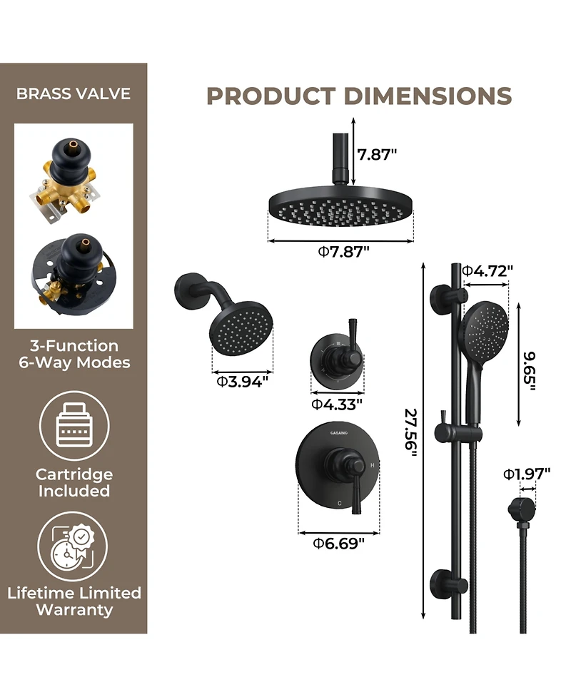 Casainc Dual Heads 3-Function Rainfall Shower System with 3-Mode Handheld and Adjustable Slide Bar