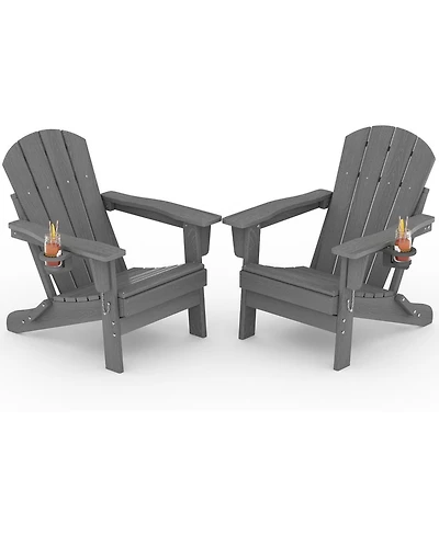 gaomon Hdpe Folding Adirondack Chair Set of 2 with Cup Holder Wood Grain Weather Resistant for Patio Deck Fire Pit