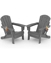 gaomon Hdpe Folding Adirondack Chair Set of 2 with Cup Holder Wood Grain Weather Resistant for Patio Deck Fire Pit