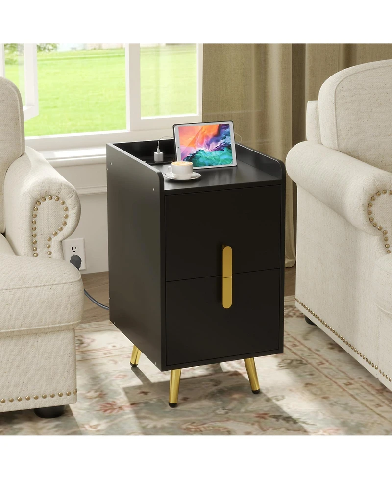Gymax 2-Pieces Nightstand with Charging Station Home Bedside Sofa Side Tables with 2 Drawers
