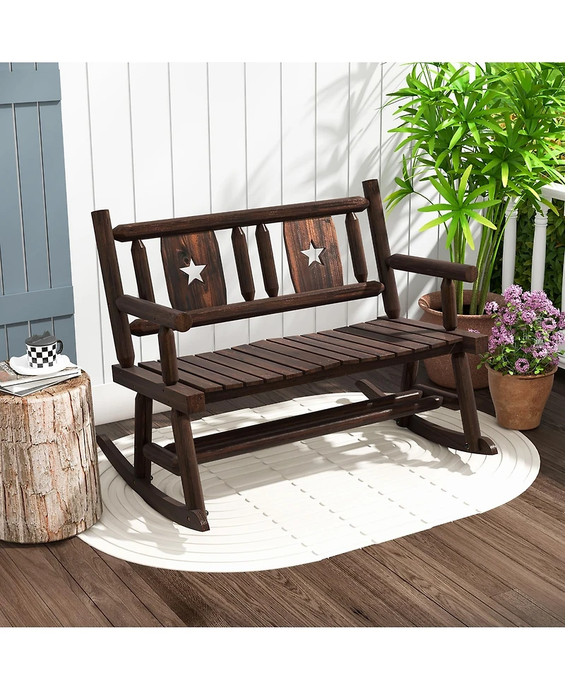 Gymax Outdoor Carbonized Wood Rocking Bench Double Rocking Chair for 2 Persons with Wide Curved Seat