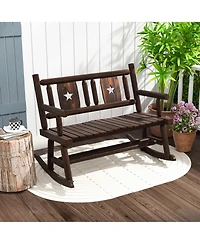 Gymax Outdoor Carbonized Wood Rocking Bench Double Rocking Chair for 2 Persons with Wide Curved Seat