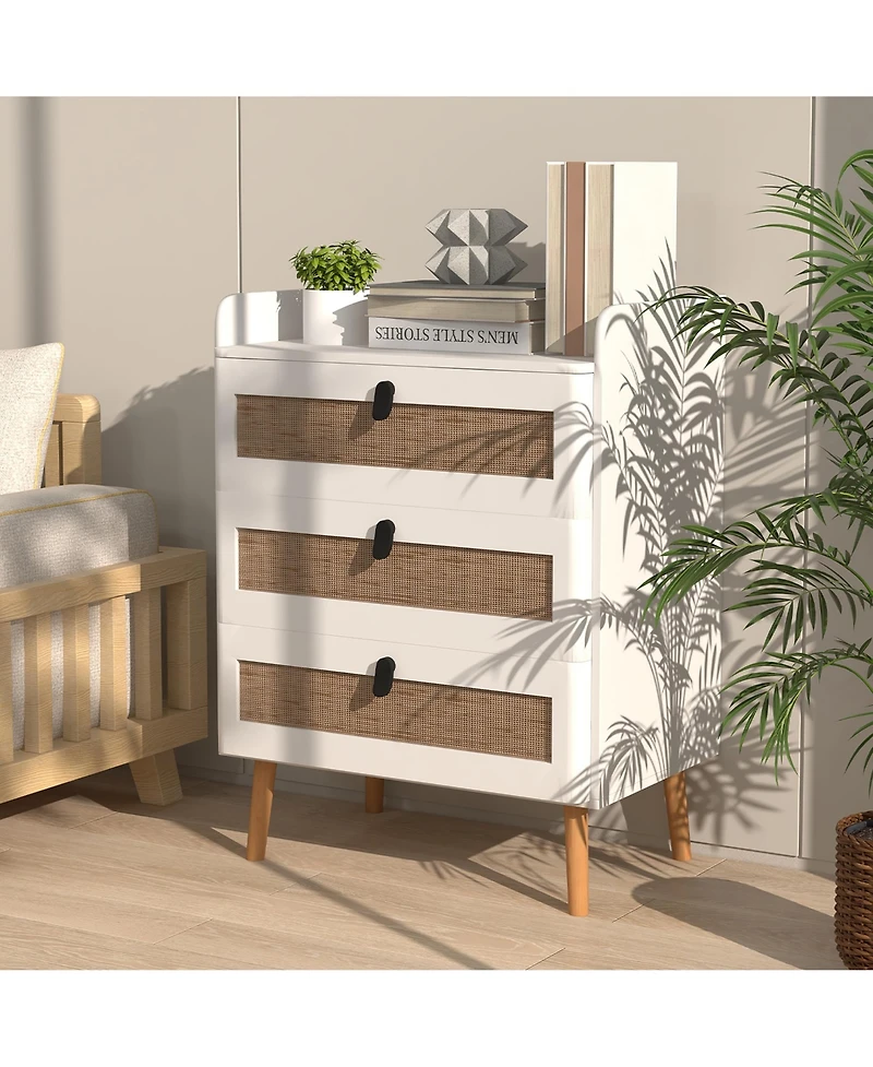 Gymax Modern Nightstand End Bedside Table with 3 Rattan Drawers and Solid Wood Legs