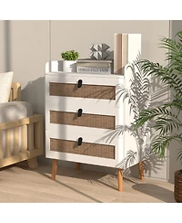 Gymax Modern Nightstand End Bedside Table with 3 Rattan Drawers and Solid Wood Legs