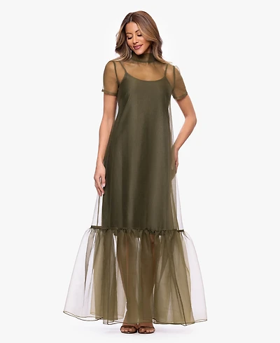 Xscape Women's Turtle Neck Organza Overlay Ball Gown
