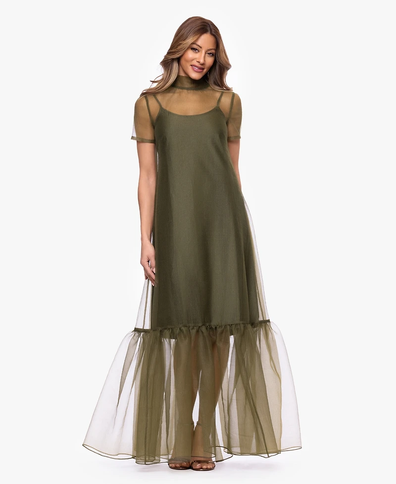 Xscape Women's Turtle Neck Organza Overlay Ball Gown