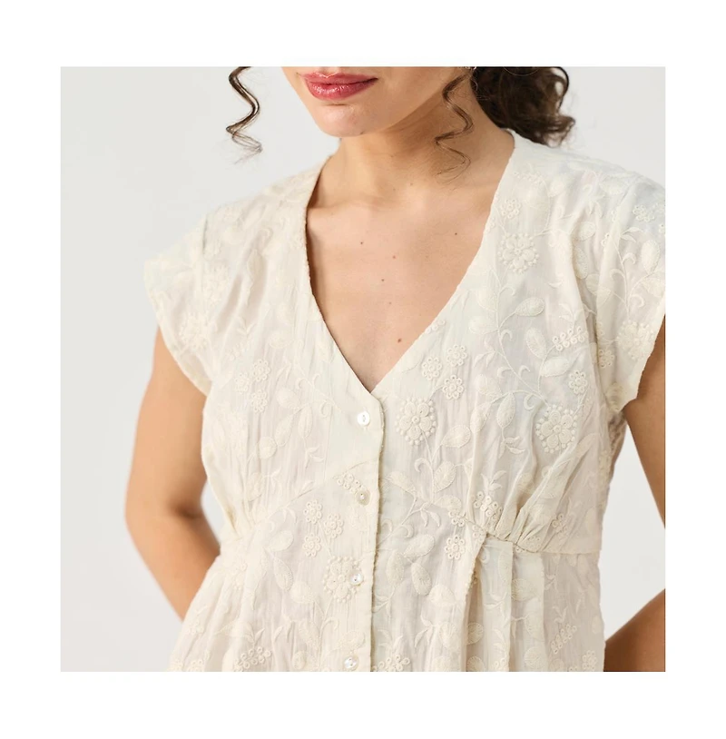 Reistor Women's Cream Embroidered Deep V-Neck Top