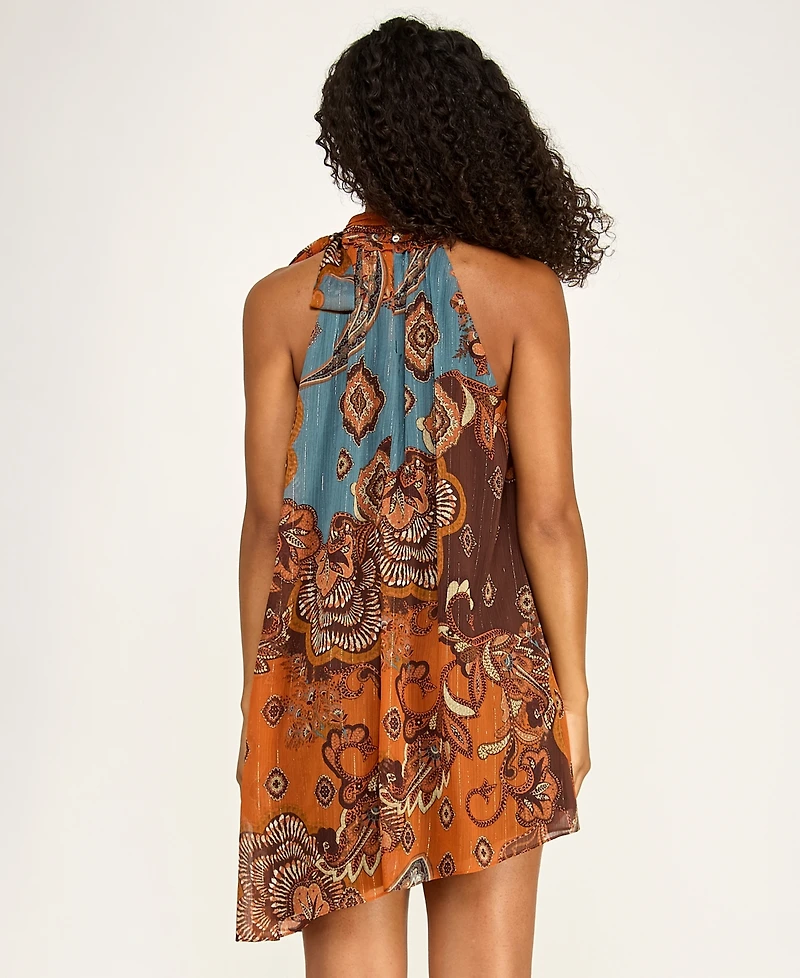 Seni & Cade Juniors' Mock Neck Paisley Print Short Dress