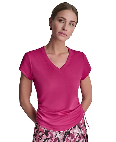 Dkny Sport Women's Ruched Side Seams V-Neck Tech T-Shirt