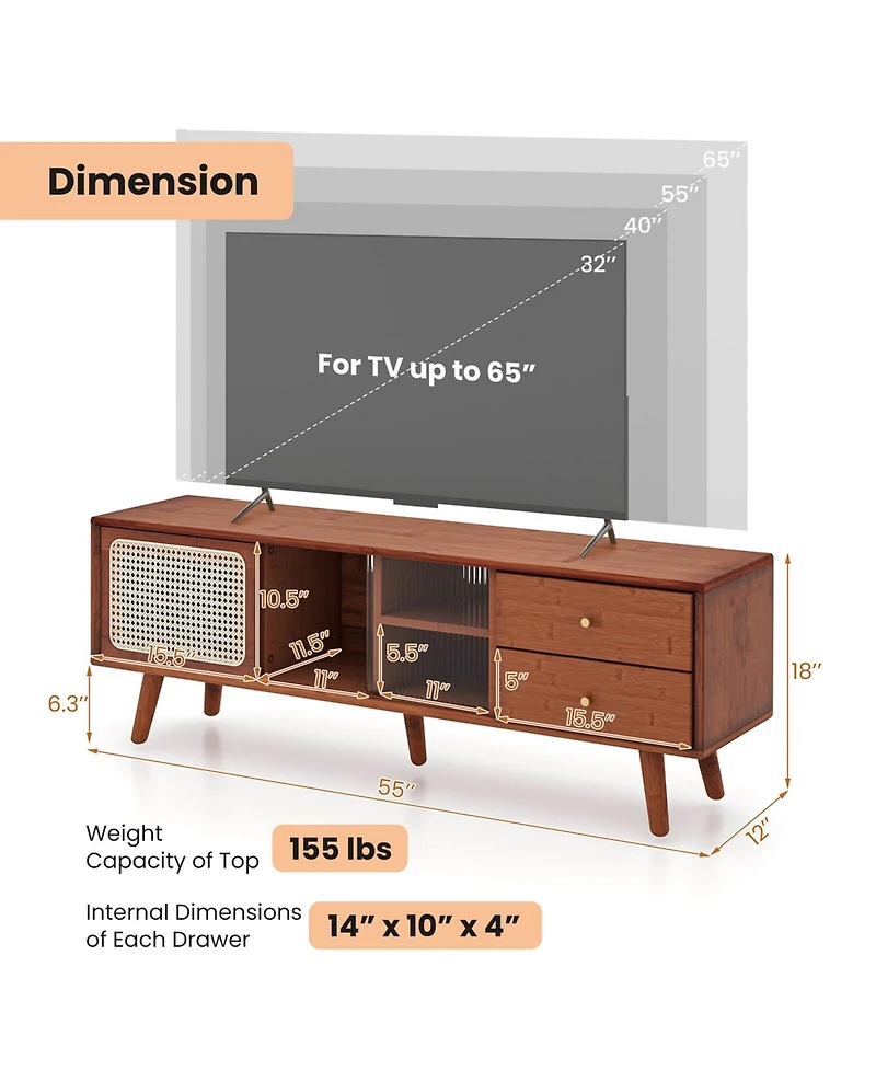 Bamboo Tv Stand Console Table with Pe Rattan Door & 2 Drawers for up to 65''