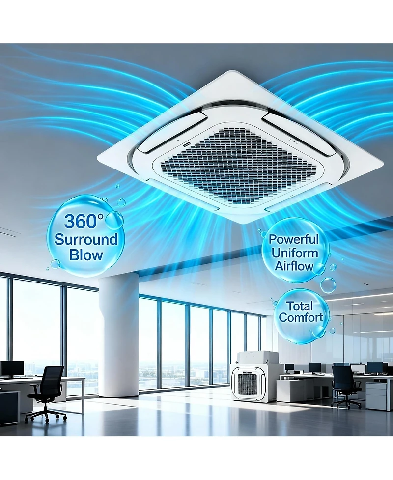 Xo 18000 Btu Ceiling Cassette Mini Split Ac and Heat Pump, 20.5 SEER2, 360degree(s) Airflow, WiFi, 230V, 25FT Kit