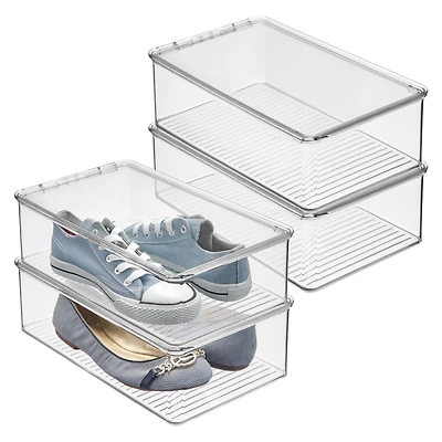 Stackable Shoe Box with Lid for Sneakers or Flats, Set of 4, Clear