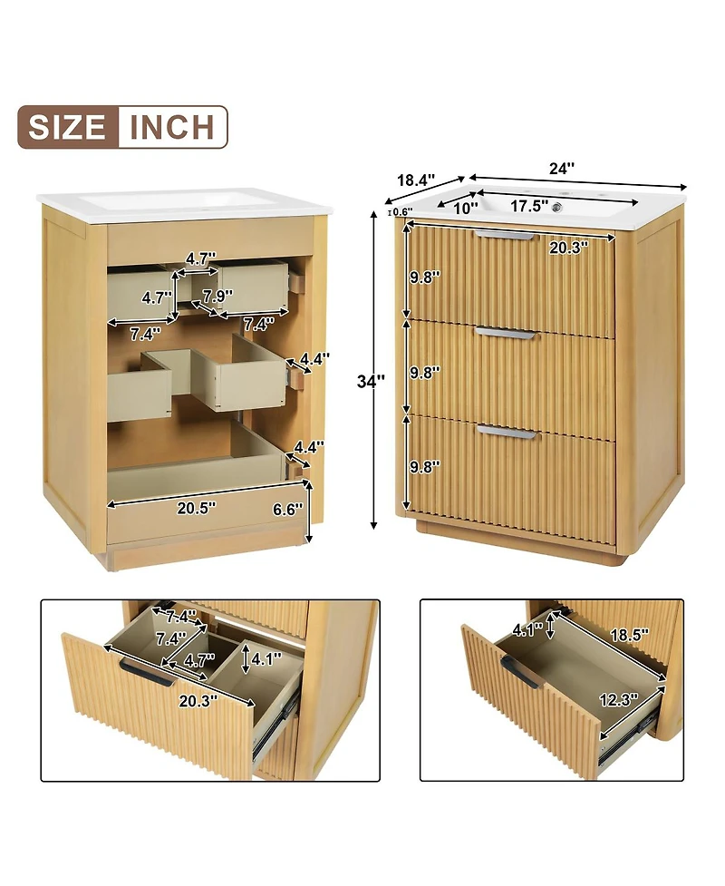 Sillysis 24 Inch Modern Bathroom Vanity with Ceramic Sink, Solid Wood Mdf Cabinet, Fluted Drawers for Small Spaces
