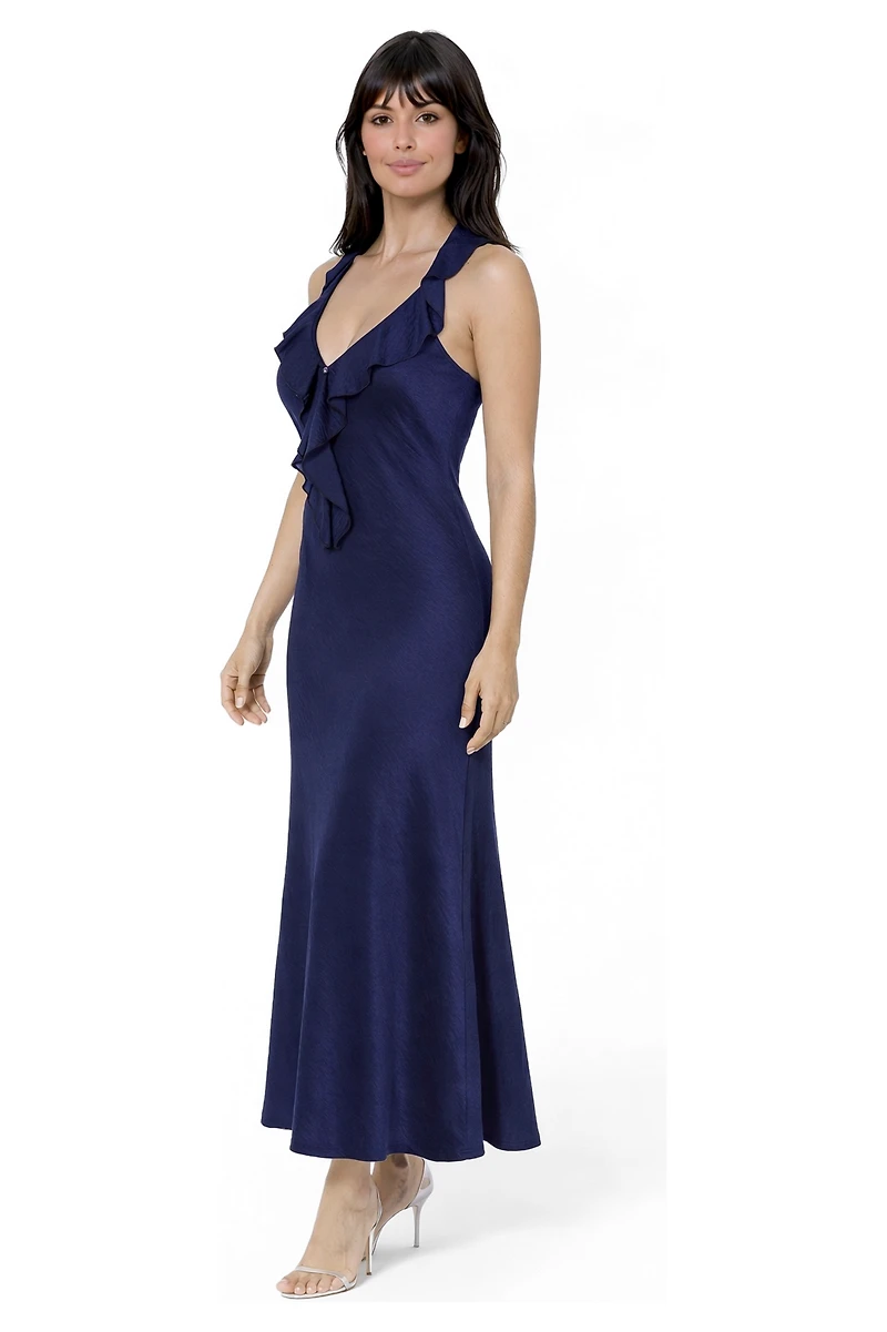 Bebe Women's Crushed Satin Ruffle Halter Maxi Dress