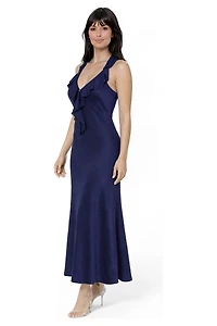 Bebe Women's Crushed Satin Ruffle Halter Maxi Dress