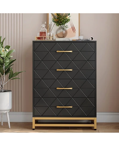 homfan Tall 4-Drawer Modern Dresser, Wood Storage Chest with Metal Accents, Multi-use Cabinet for Bedroom, Hallway and Living Room